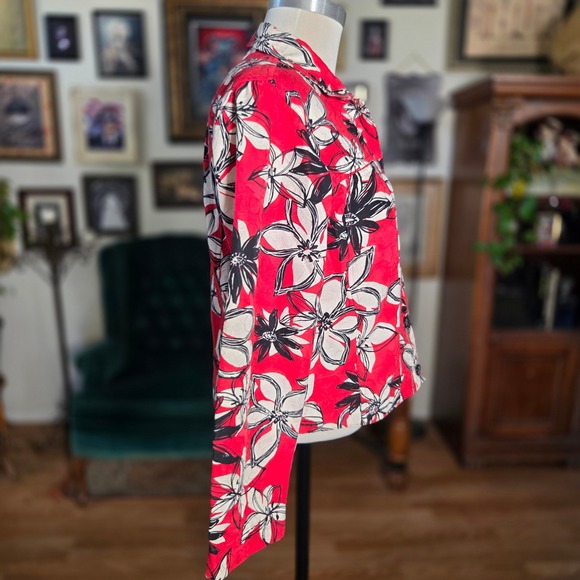 Vintage 90s Brooke Coleman Red Floral Button Front Long Sleeve Hawaiian Jacket - Picture 4 of 8